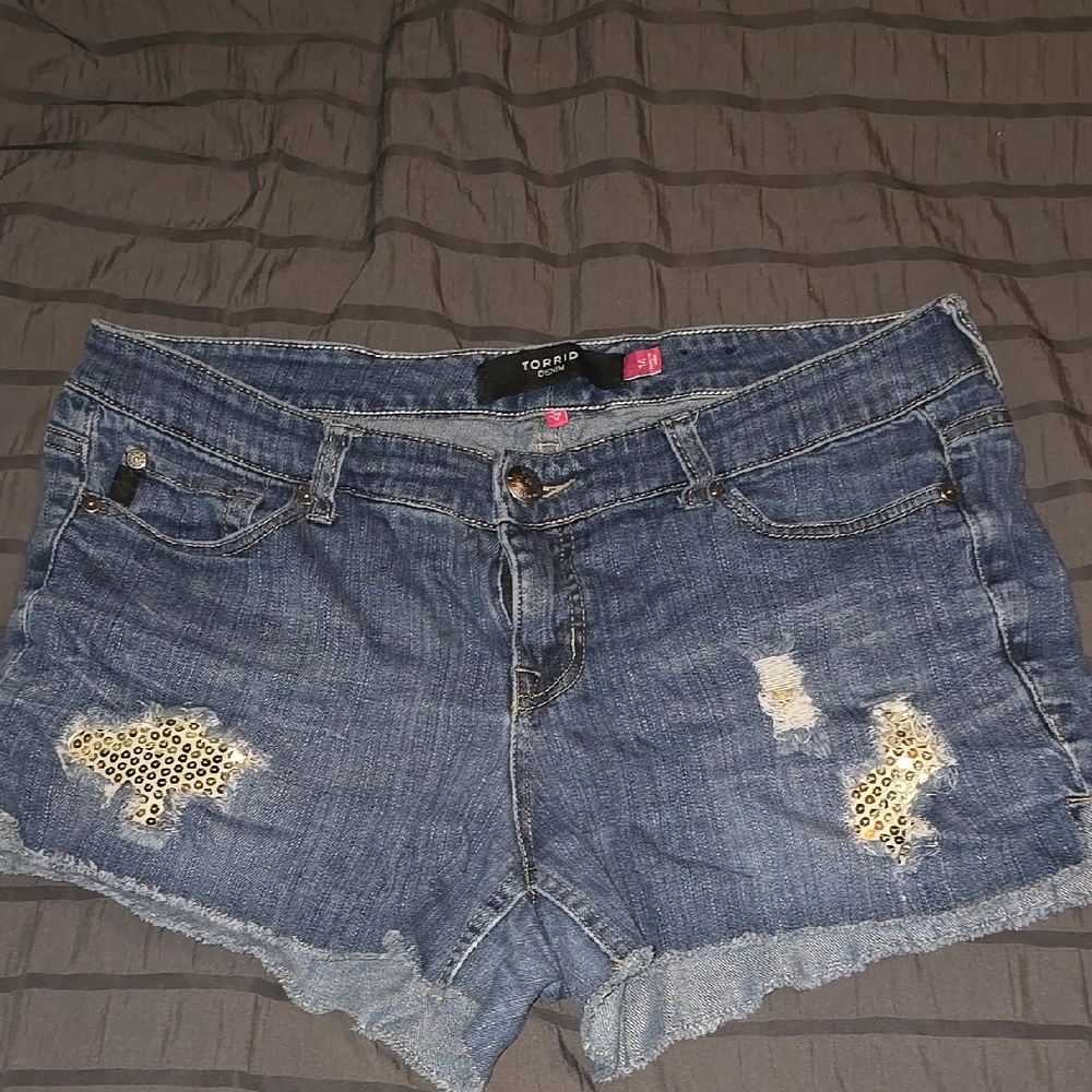 Torrid Blue Distressed Jean Shorts with Frayed Hem